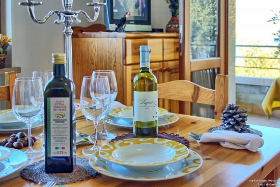 Detail auf dem Tisch und im Hintergrund der Blick auf den See aus dem Fenster