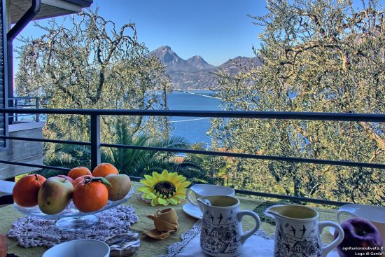 An einem schönen, sonnigen Frühlingsmorgen ist der Tisch zum Frühstück auf der Terrasse der Ferienwohnung